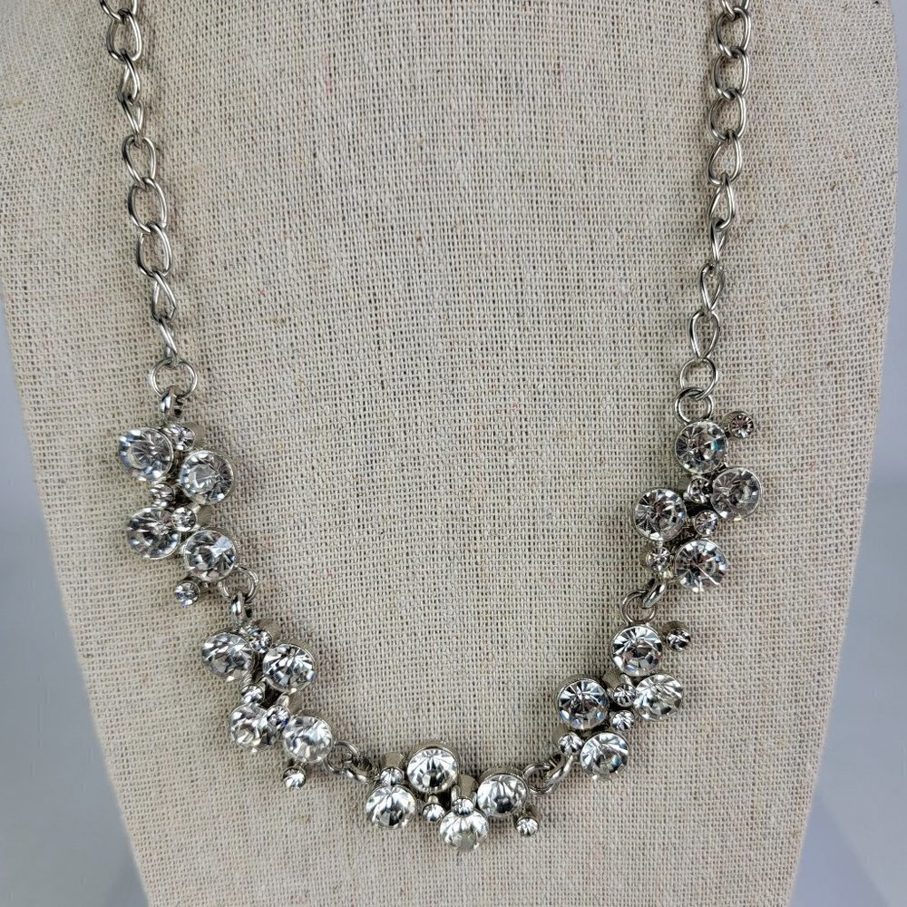 Silver-Tone Clear Crystal Statement Bib Necklace 20.5 in Lobster Clasp